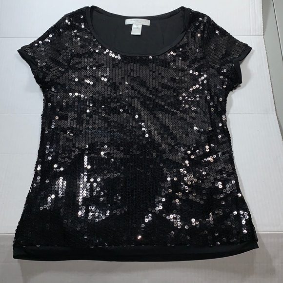 august silk Tops - August Silk Womens M Black Sequin Top Pullover Crew Neck Short Sleeve Lined